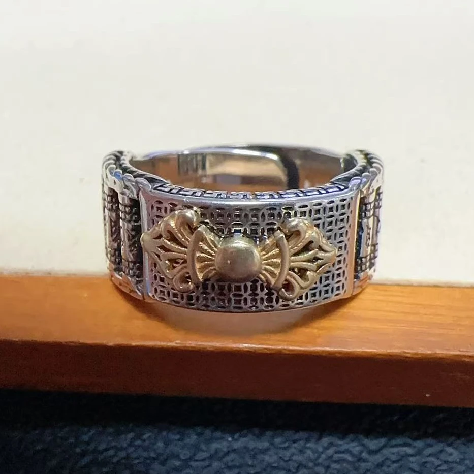 Ethnic Style Scripture Beads Ring For Men Jewelry Lucky Coins Vajra Yellow Jambhala Ring Male Finger Accessories Adjustable