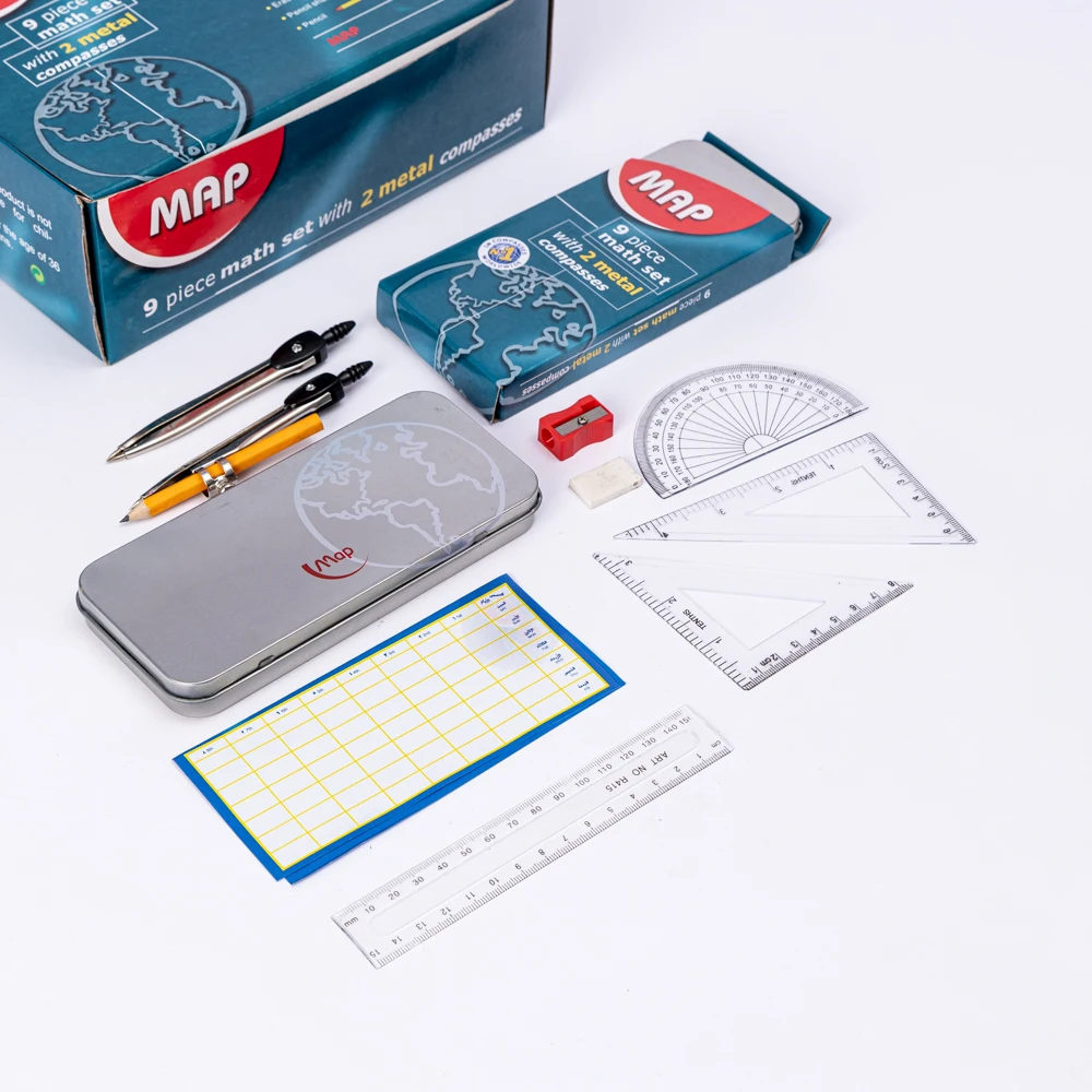 Wholesale Geometry Math Compass set 9piece with Shatterproof Storage Box Includes 2 Compasses, Ruler, Eraser, Pencil Sharpener