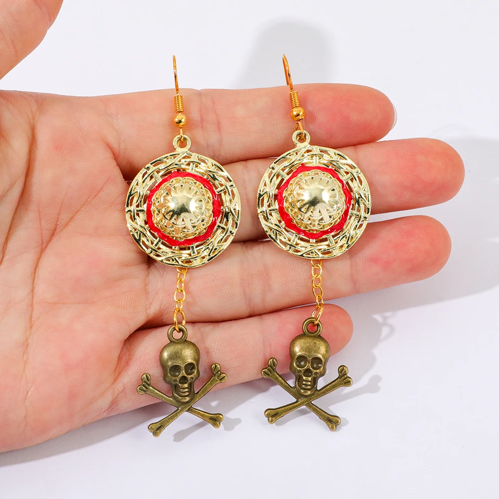 One Piece Luffy Anime Skull Dangle Earrings Vintage Gothic Retro Metal Drop Earrings for Women Punk Style Jewelry Gift view 4