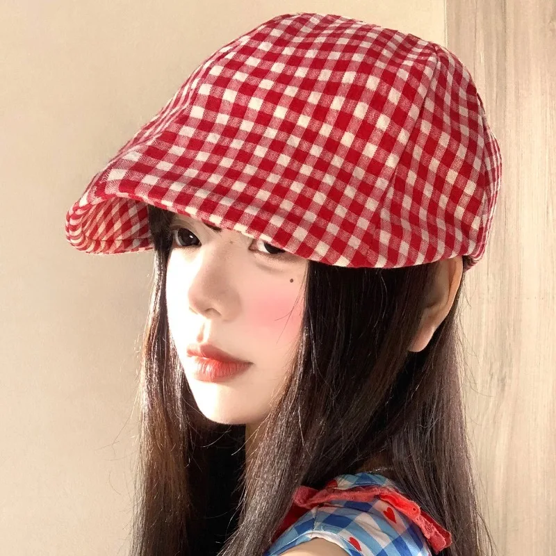 

Korean Version Retro Plaid Forward Hat Summer Thin Face-showing Small Beret Big Head Fashion Short Brim Painter Cap for Women's