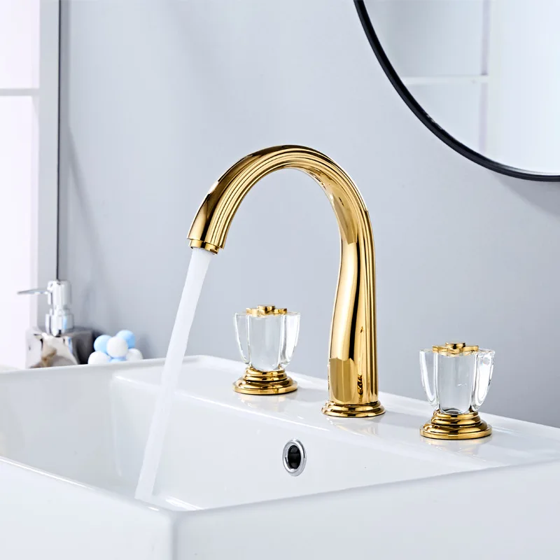 Solid Brass Three Hole Vanity Basin Mixer Independent Split Cold Hot Tap Rose Shape Crystal Handle Bathroom Countertop Hardware