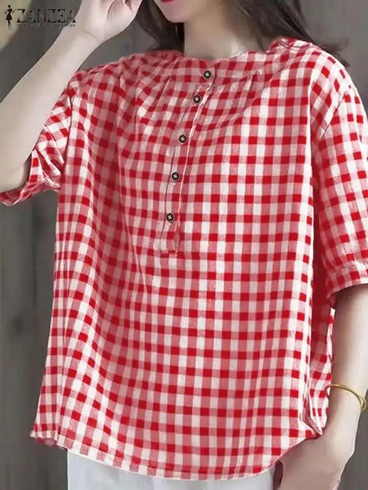 ZANZEA 2024 Summer Blouse Women Plaid Checked Tops Vintage Half Sleeve Baggy Blusas Casual Loose Work Holiday Shirt Chemise