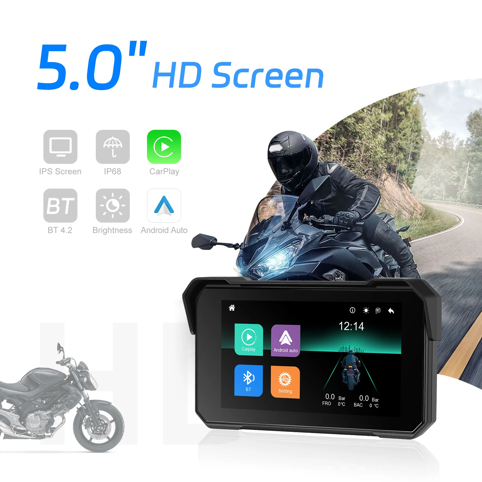 Image of Degreat 5-Zoll-Bildschirm, kabelloses Carplay, tragbarer Smart-Player, unterstützt Android Auto, IP68 wasserdicht, für Motorräder.