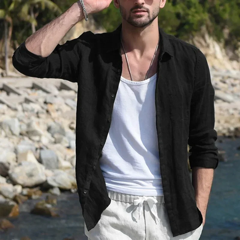 

New Mens Shirt Casual Solid Color Single-breasted Cotton and Linen Long-sleeved Shirt Male Tops