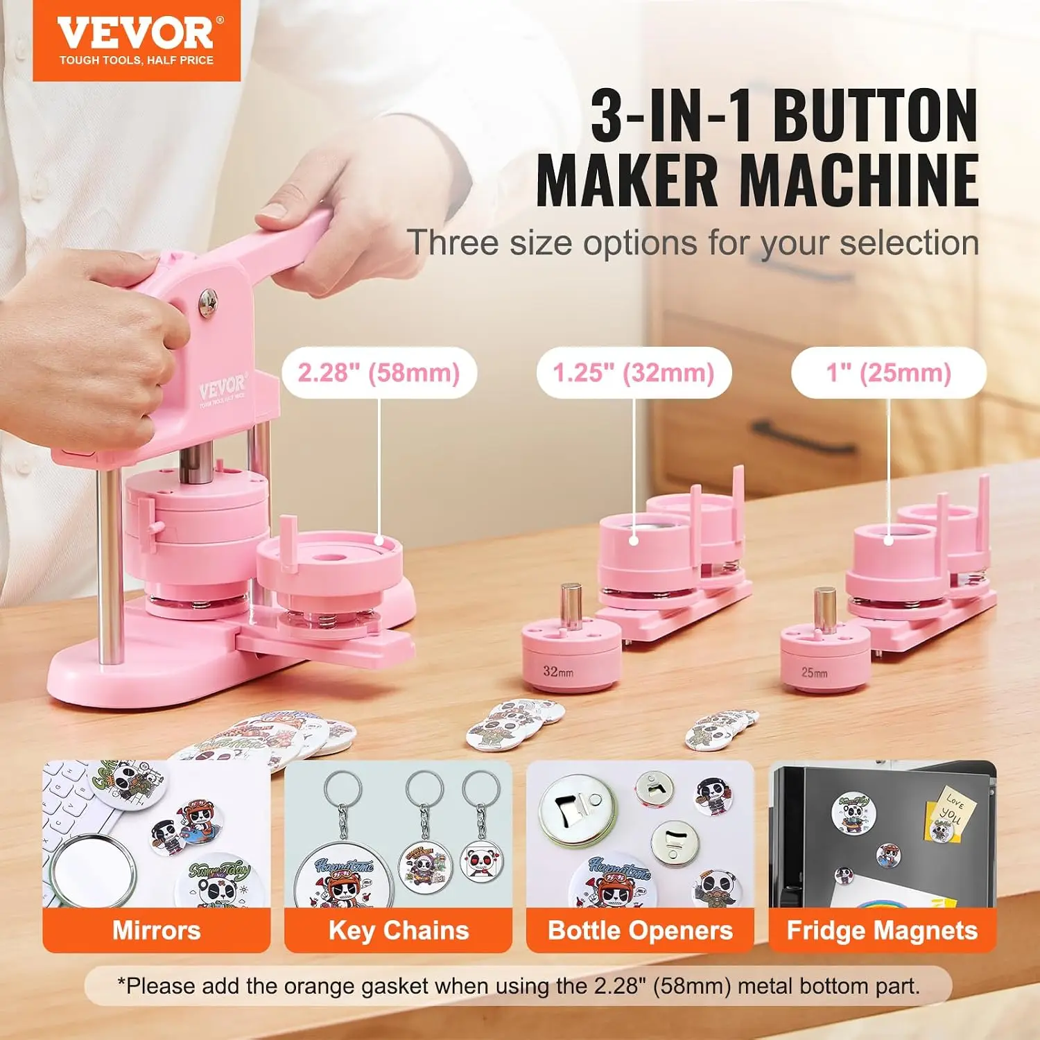 3-in-1 Button Maker - 25/32/58mm (1/1.25/2.25 inch) with 300pcs Parts, Ergonomic Arc Handle Punch, Pin Maker, DIY Gift, Pink