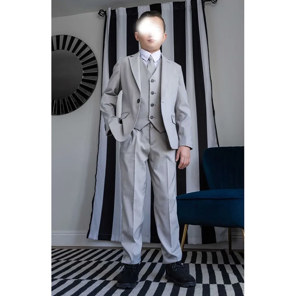 

Grey Single Button Peaked Lapel Boys Suits 3 Pcs (Blazer+Pants+Vest) Fashion Boys Sets Formal Occasions Birthday Party Sets