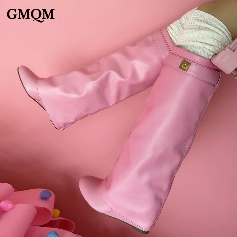 GMQM Luxury Fashion Women's The Knee Boots New 2023 Autumn Design Black Shark Lock Boots High Heels Wedges Wedge Fold Round Toe