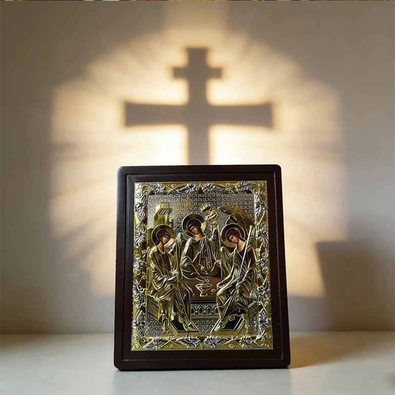 

New Gold Plated Orthodox Holy Trinity Icon with Wooden Frame for Church Liturgy Home Altar Prayer Devotion Christian Gift Decor