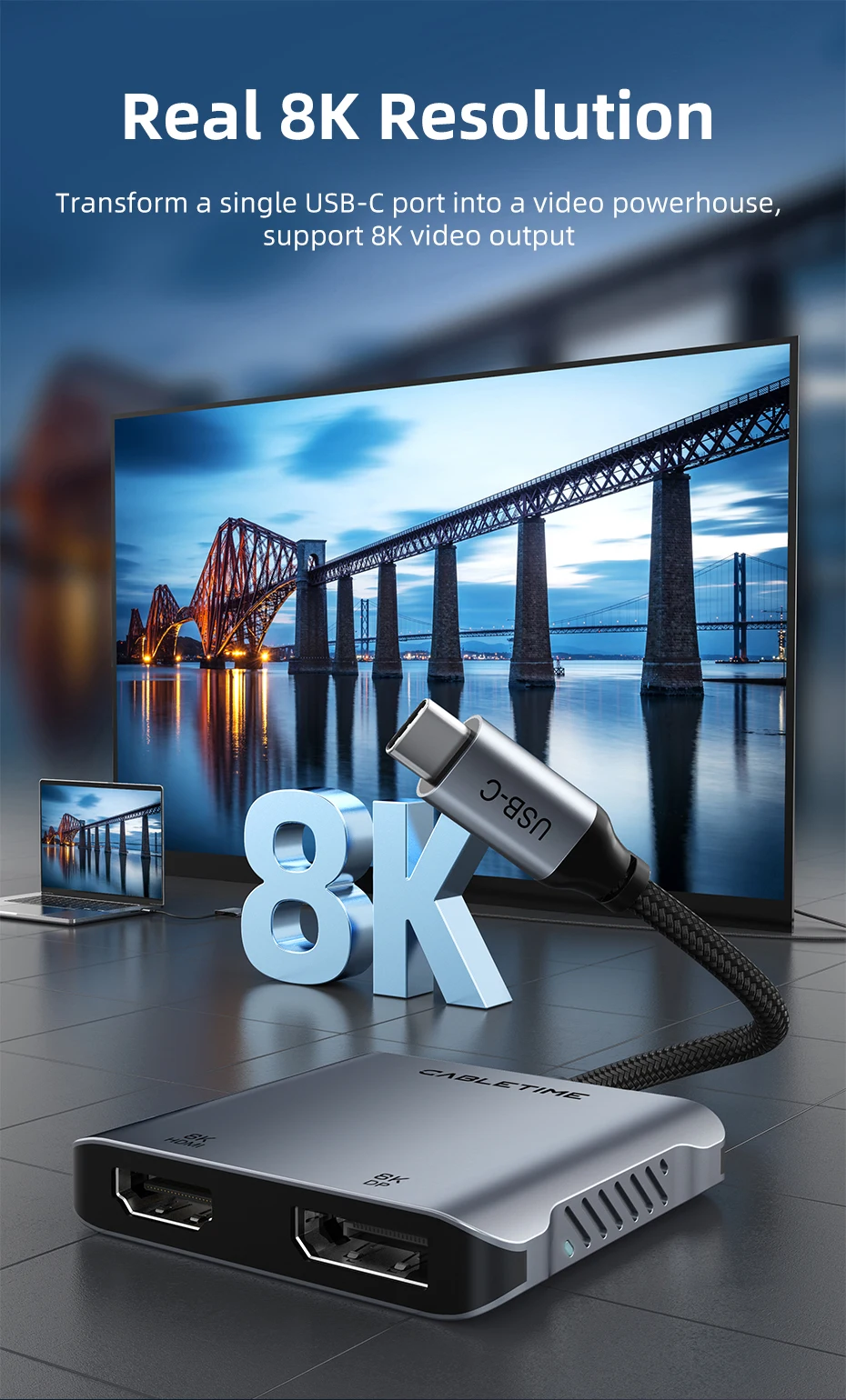 CABLETIME USB C zu HDMI Adapter MST 4K 8K Dual HDMI Monitor Konverter Dreifach Display Kompatibel mit M1/M2/M3 Windows Mac Laptop – Detail 3