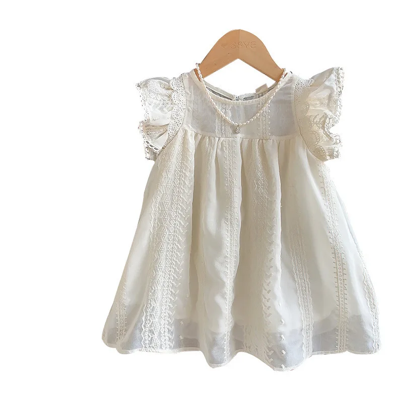 2025New Summer Girls' Solid Color Cute Fashionable Exquisite Hollow Embroidery Soft Lace Flutter Sleeve Dress