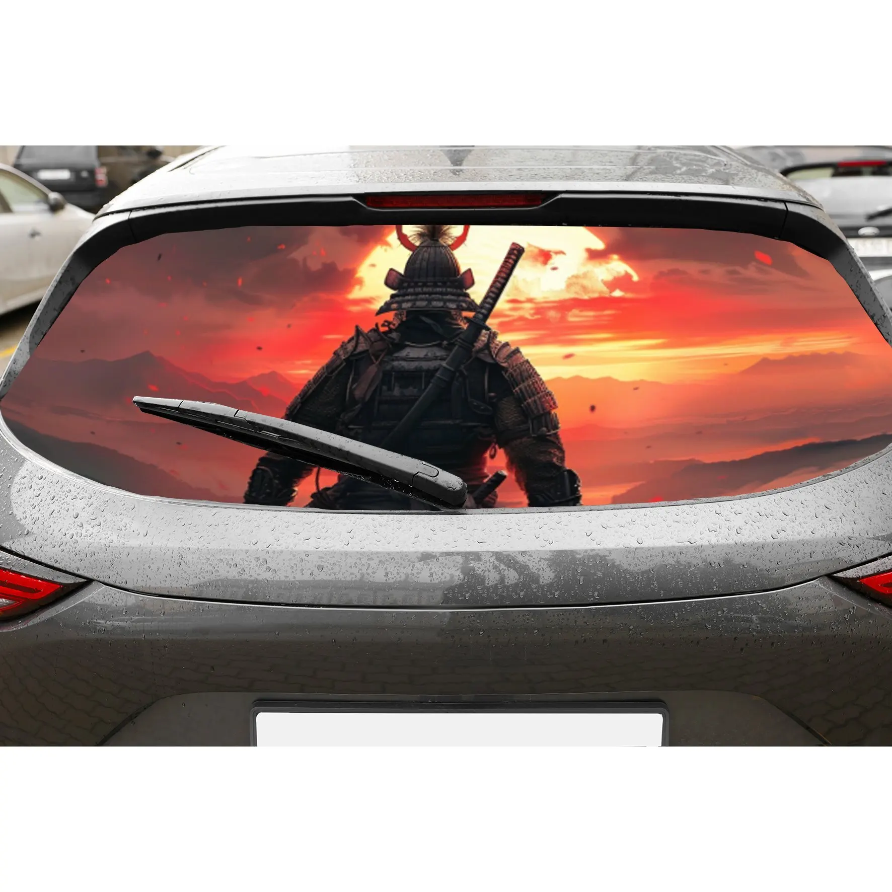 

Перфорированные автомобильные виниловые наклейки из ПВХ с принтом Sunset Samurai, прочная наклейка на заднее лобовое стекло автомобиля, водонепроницаемая наклейка на заднее окно автомобиля, Priv