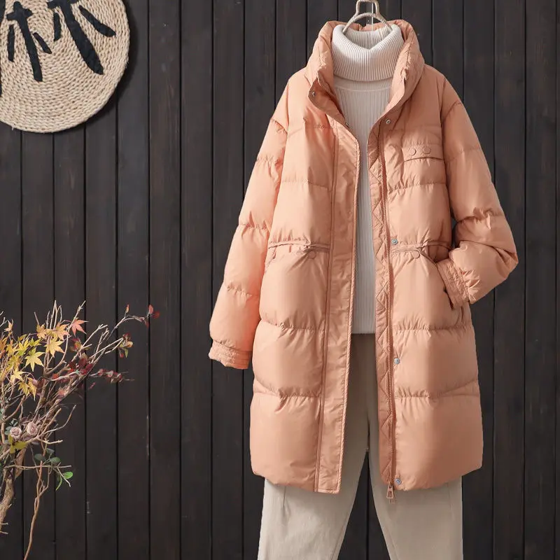 

Женское пуховое пальто средней длины, свободное покрое, модное белое зимнее пальто с перьями Du, верхняя одежда для похудения