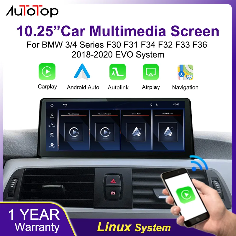 BONROAD 10,25-Zoll-Auto-HD-Touchscreen-Radio für BMW EVO 3/4 Serie F30 F31 F34 F32 F33 F36 (2018-2020) mit Auto-Multimedia-Bildschirm, kabellosem Carplay, Android Auto, Bluetooth und Navigation