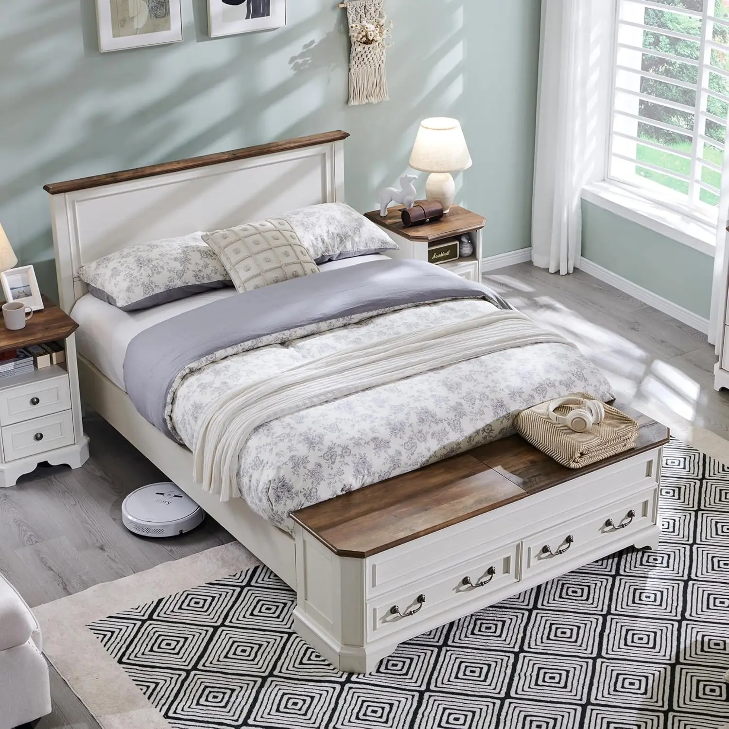 

T4Tream Farmhouse Full Bed With Headboard And Storage Bench, Rustic Wood Platform Bed With 58"" Storage Chest W/ 4 Large