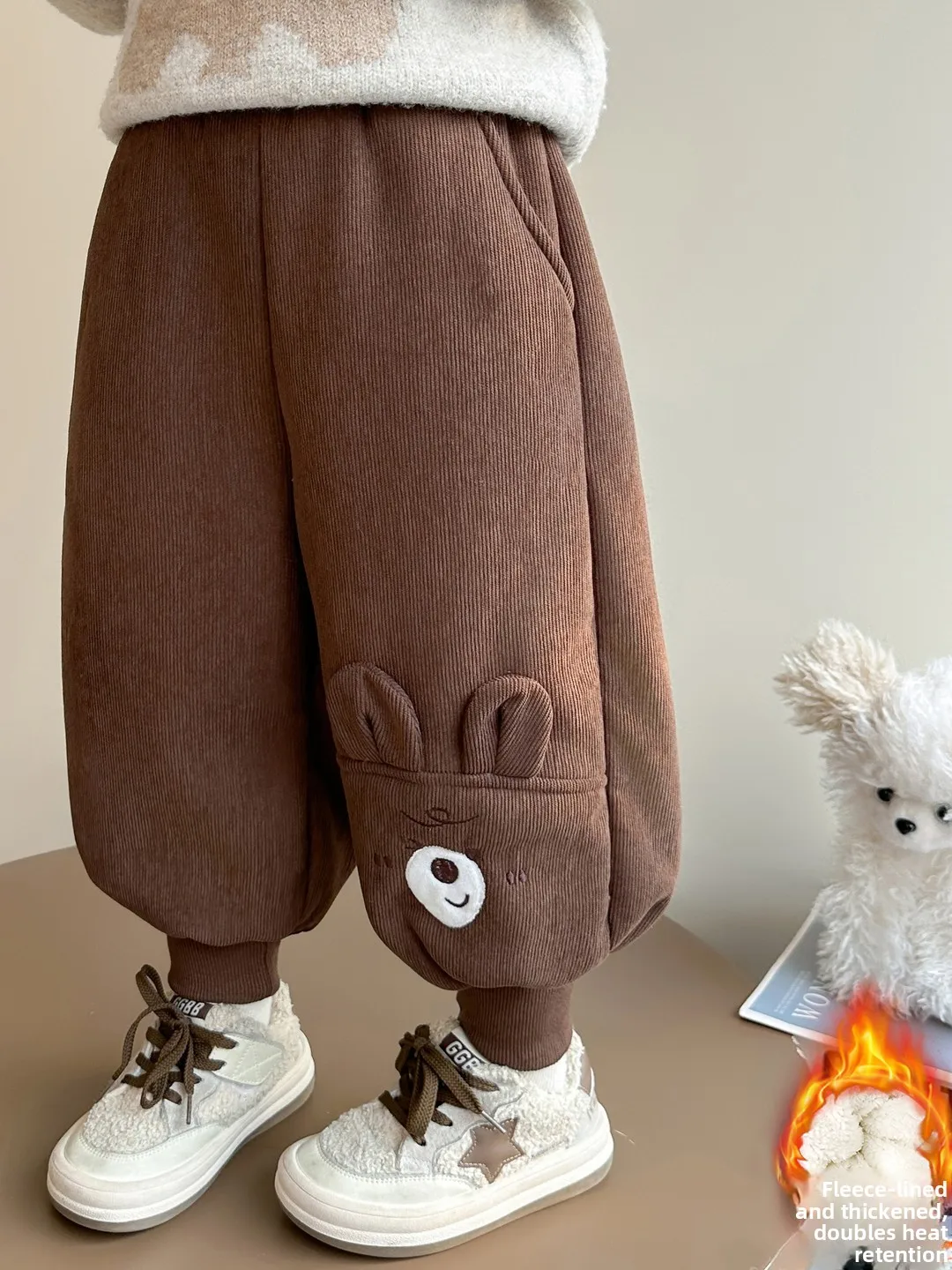 

Girls' Cartoon Bear Fce Lined Casual Pants Winter Warm Sli Trousers High Waist Long Commute Thiened Autumn Collection