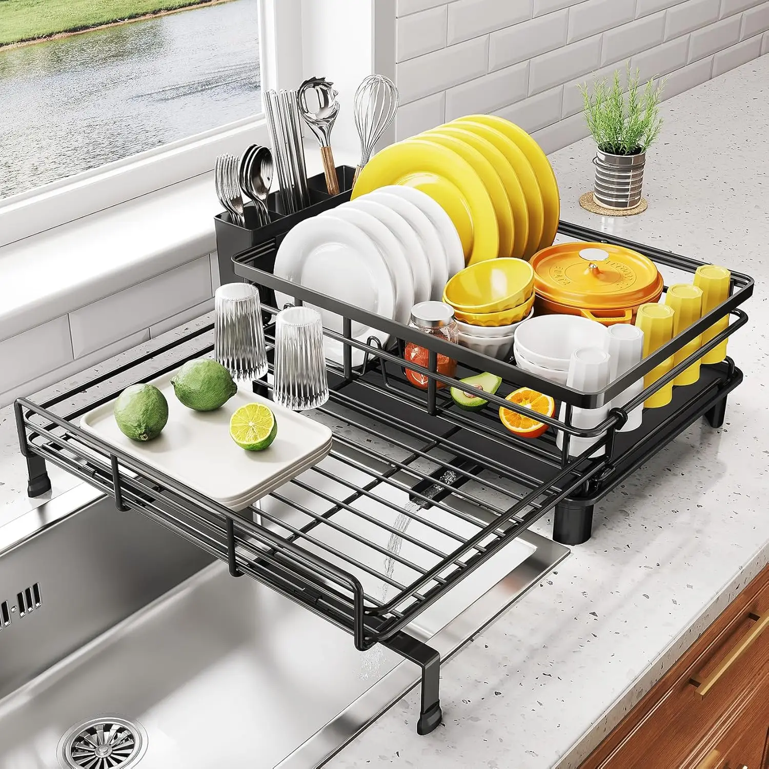 

Extendable Dish Drying Rack, Large Sink Drainer for Kitchen Counter, Stainless Steel with Utensil Holder in Black