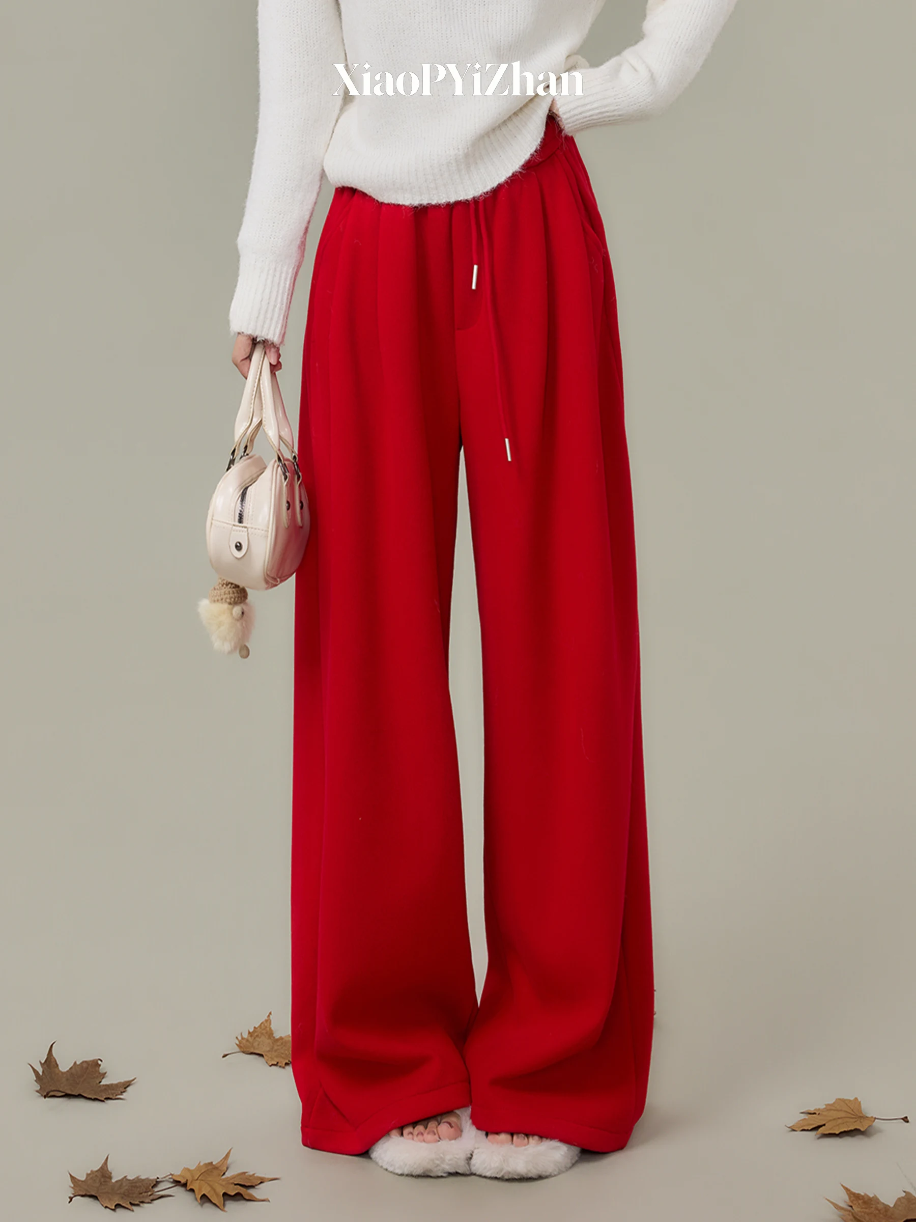 

Thiened Fce Women's Straight Leg Pants High Waist Elastic Waisand Commute Sle Casual Trousers Loose Fit All-Match Lo...