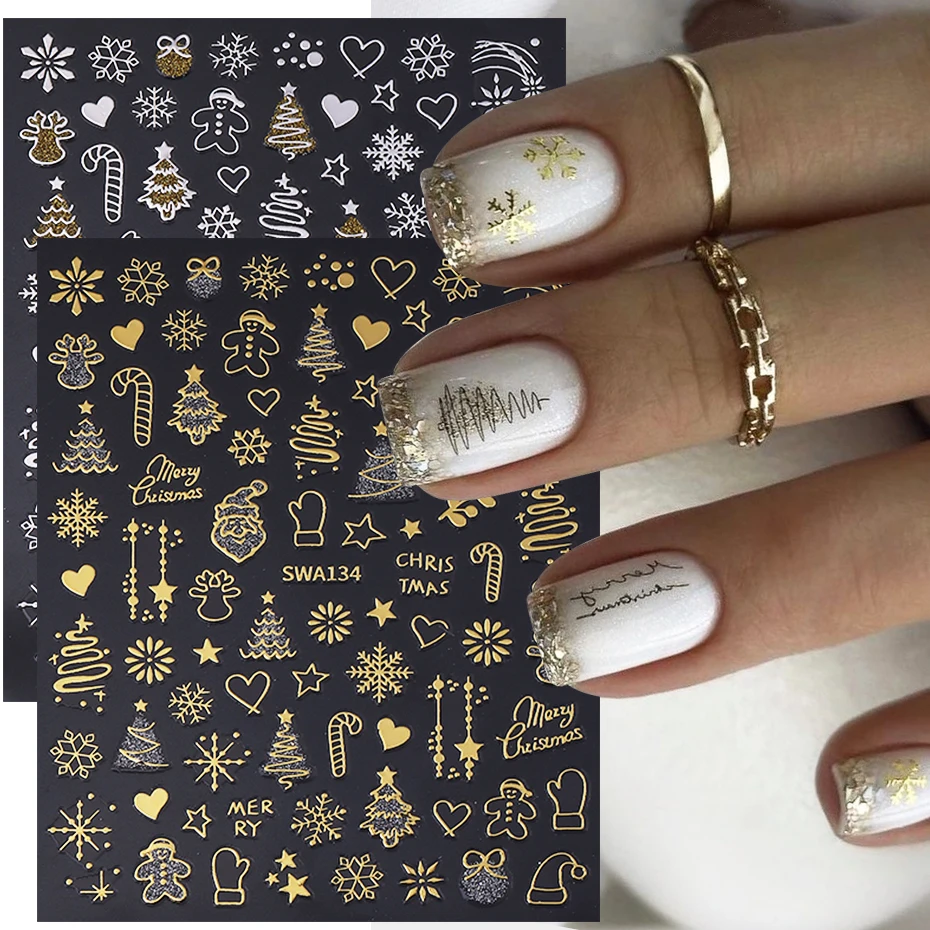 

2pcs Gold Silver Christmas Nail Stickers 3D Bronzing Snowflake Xmas Tree Gingerbread Adhesive Decals DIY Winter Manicure Decor