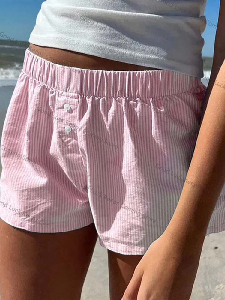2025 Women's Striped Print Casual Elastic Waist Shorts Fashion Button Detail Streetwear Chic Y2K Loose Fit Basic Summer Shorts
