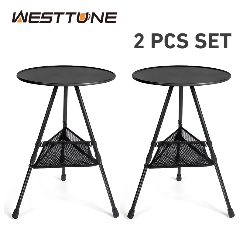 WESTTUNE Outdoor Round Table with Mesh Bag 2 Pcs Set Ultralight Portable Folding Adjustable Table for Camping Picnic Indoor