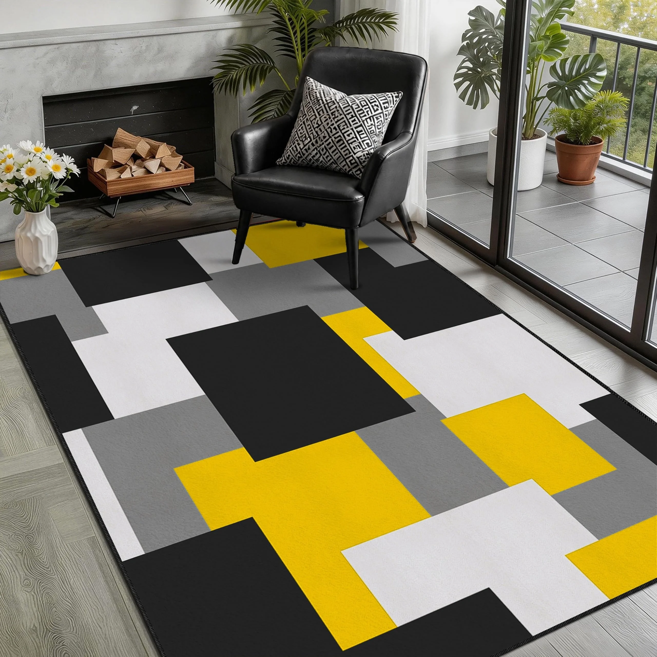 Black White Carpet Living Room Bedroom Rug Charcoal Grey Block Floor Mat Abstract Geometric Pattern Minimalist Home Doormat