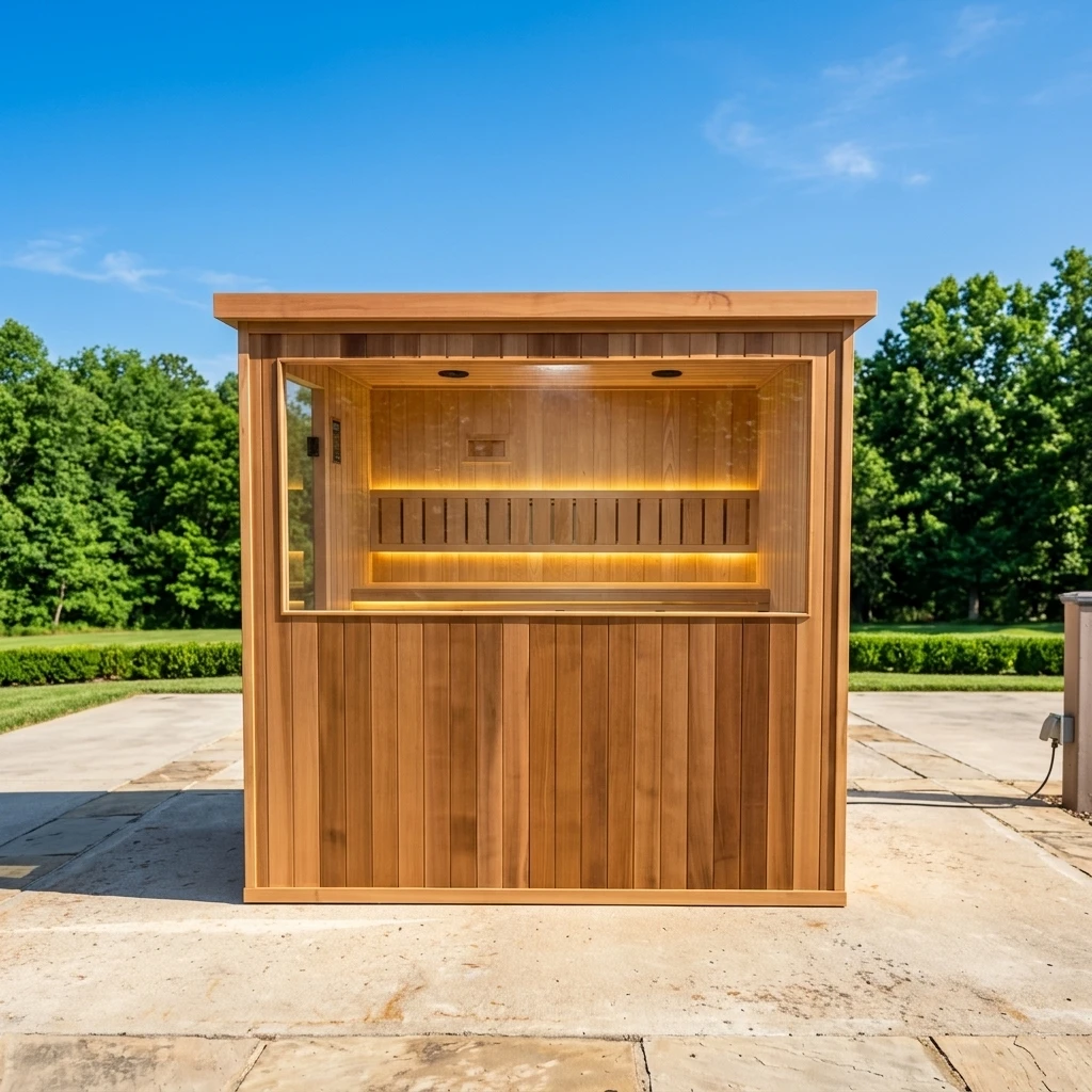 High End Luxury Modern Outdoor Wood Sauna with Hemlock & Red Cedar 4 Person Capacity Dry & Wet Steam