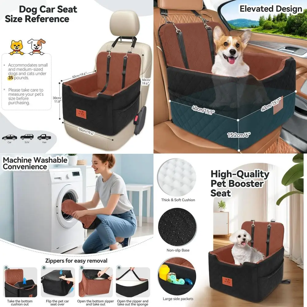 

Memory Foam Dog Booster Seat for Small/Medium Dogs up to 35lbs - Detachable, Washable Pet Car Seat with Safety Belts (Black/Brow