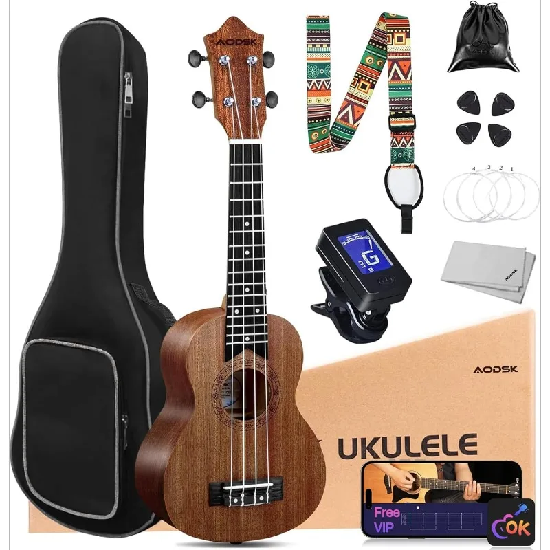 Soprano Ukulele for Beginner 21 Inch Ukelele Kit with Gig Bag StrapTuner Nylon String 4 Picks Cloth Online Lesson Holiday