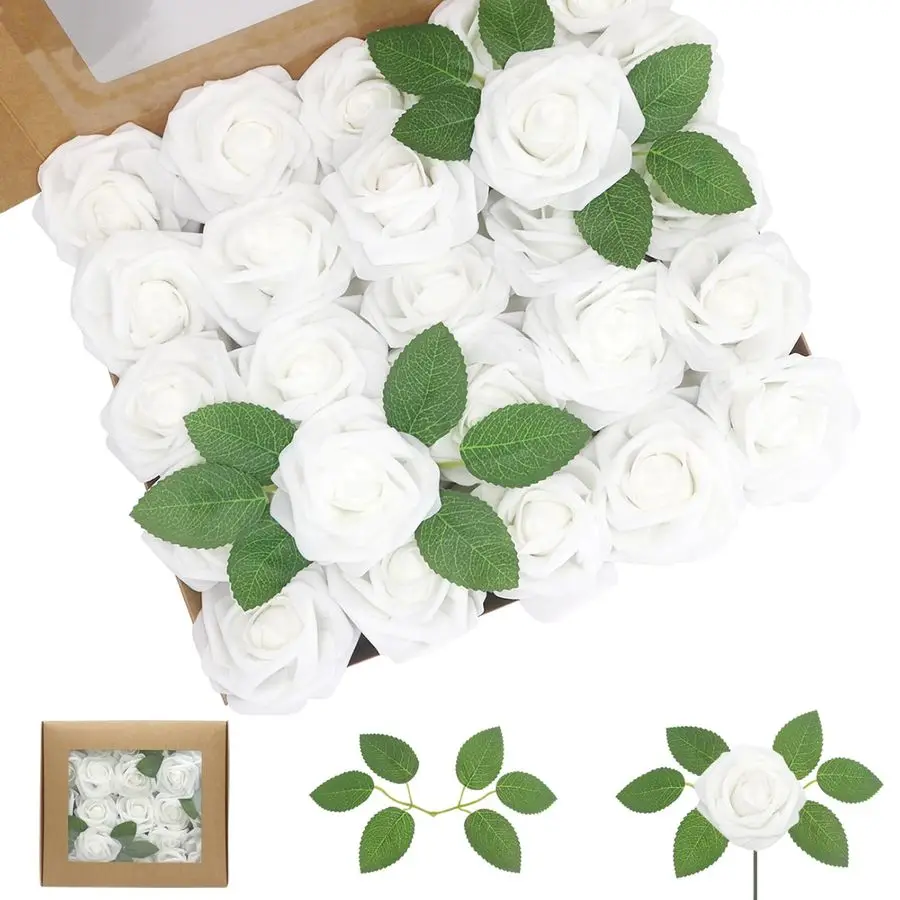 

Flowers White Roses 100PCS Real Looking Foam Fake Roses with Leaves and for DIY Wedding Bouquets Bridal Shower Centerpieces Part