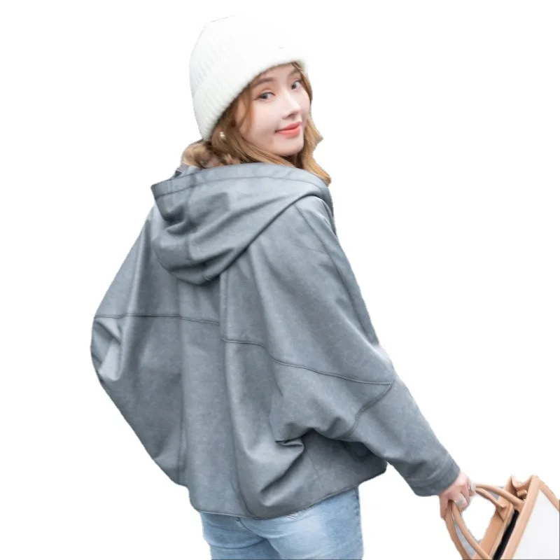 Manteau en peau de mouton importé décontracté pour femmes, Style Cape à capuche, veste en cuir véritable, vêtements d'extérieur amples à la mode printemps/automne