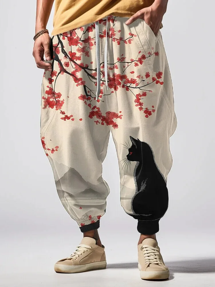 

Men's Loose Drawstring Waist Sweatpants Oversized Landscape Painting Black Cat Under A Cherry Tree Print Harem Bottoms Chic Pant