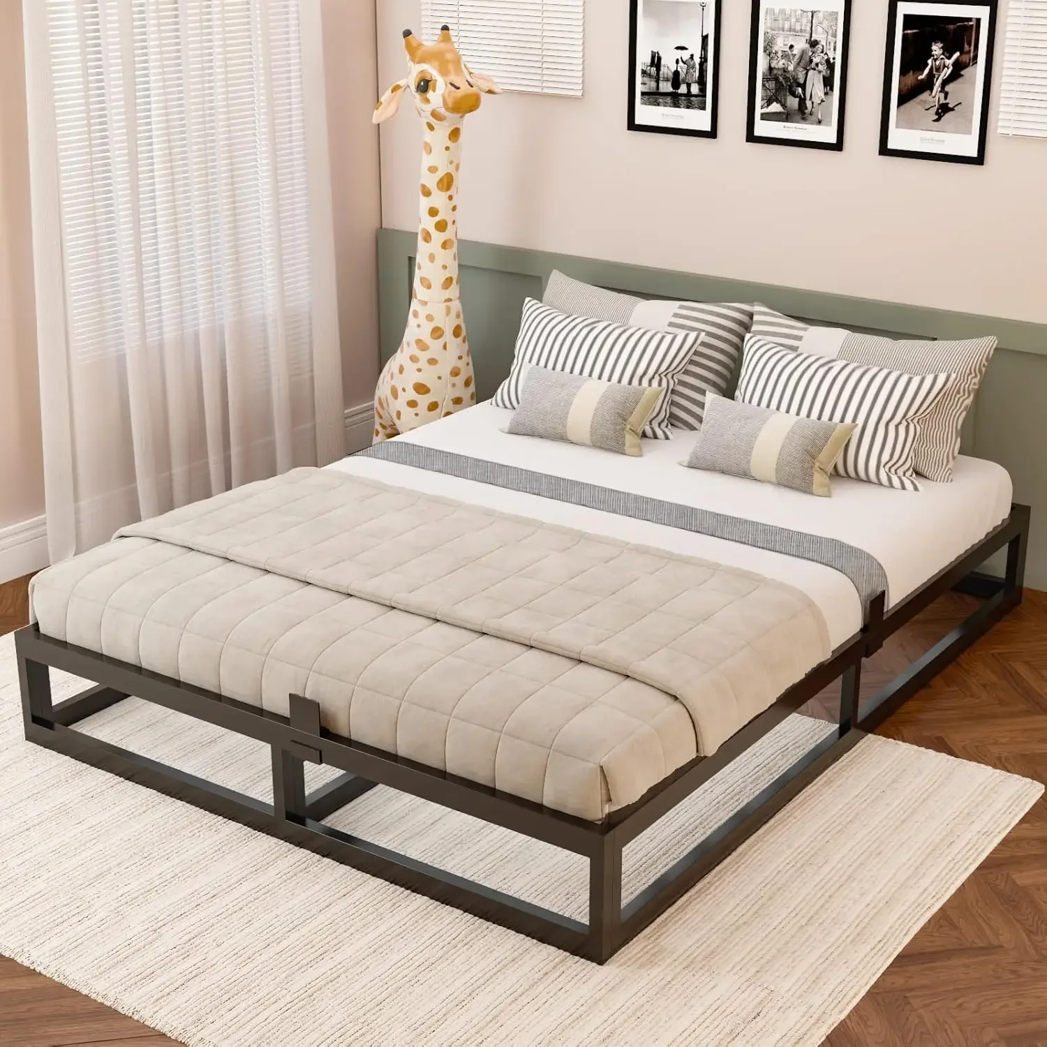 10 Inch Queen Bed Frame with Steel Slat Support, Low Profile Queen Metal Platform Bed Frame Support Mattress Foundation, No Box