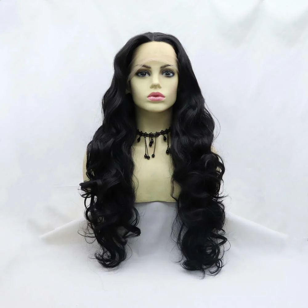 

Длинный волнистый синтетический парик с черной кружевной передней частью из термостойкого волокна для женщин, естественный вид, имитация пересадки волос