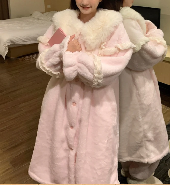 حجم كبير الحلو الوردي الأميرة الحد من العمر ثوب النوم النساء الخريف الشتاء سميكة الدافئة المرجان بيجامة من الصوف المتسكعون مجموعة #5