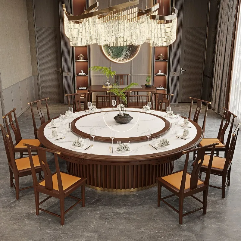Solid wood electric dining table large round table hotel restaurant rock slab turntable 15 people 20 people hot pot table