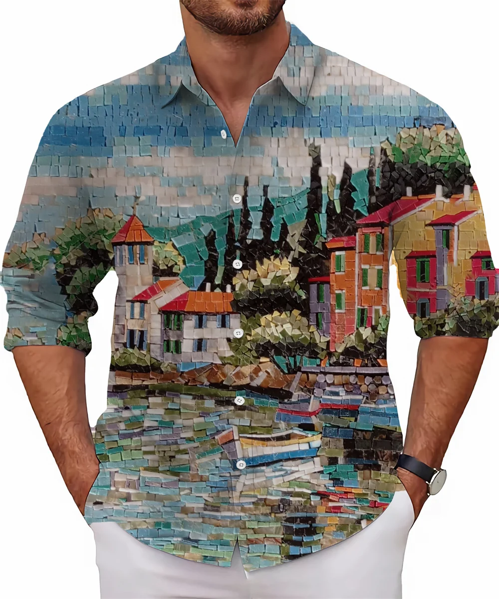 New style printed landscape graphic shirt men's long sleeve casual shirt fashion street high-end large size men's clothing 6XL