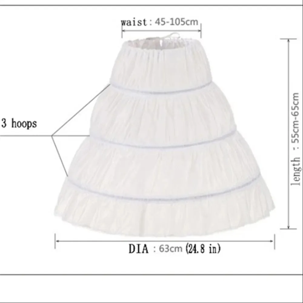 

White Child Petticoat 3 Hoops One Layer Kids Crinoline Lace Trim Flower Girl Dress Underskirt Elastic Waist for Children