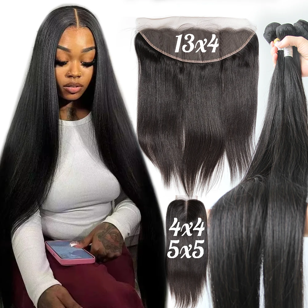 Raw Indian Straight Human Hair Bundles With Closure Invisible Melt Skin 4x4 5x5 13x4 HD Lace 3 4 Bundles Weave With Frontal