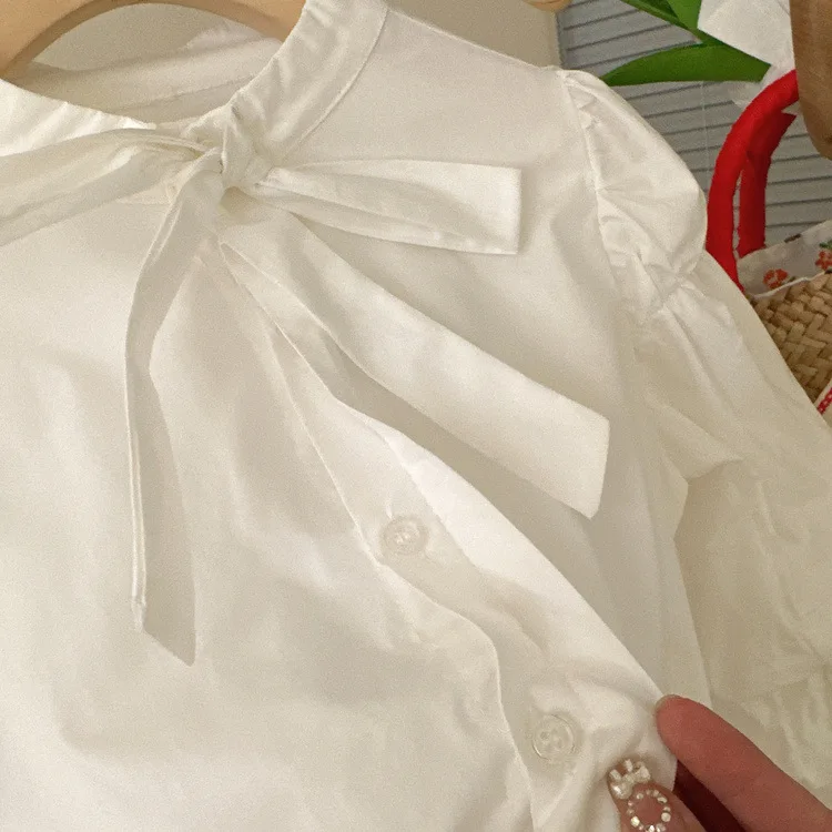 Girls\' Solid Color Base Shirt White Bubble Sleeves Long Sleeved Top Ladylike Temperament New Children\'s Bow Shirt for Autumn
