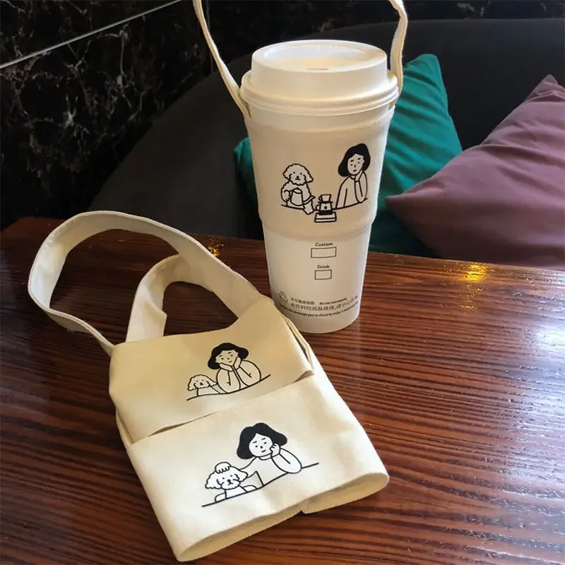 Cute Water Bottle Holder Carry Bag Coffee Cup Storage Sleeve Cover Canvas Printing Milk Tea Set Drinking Bottle Strap Portable