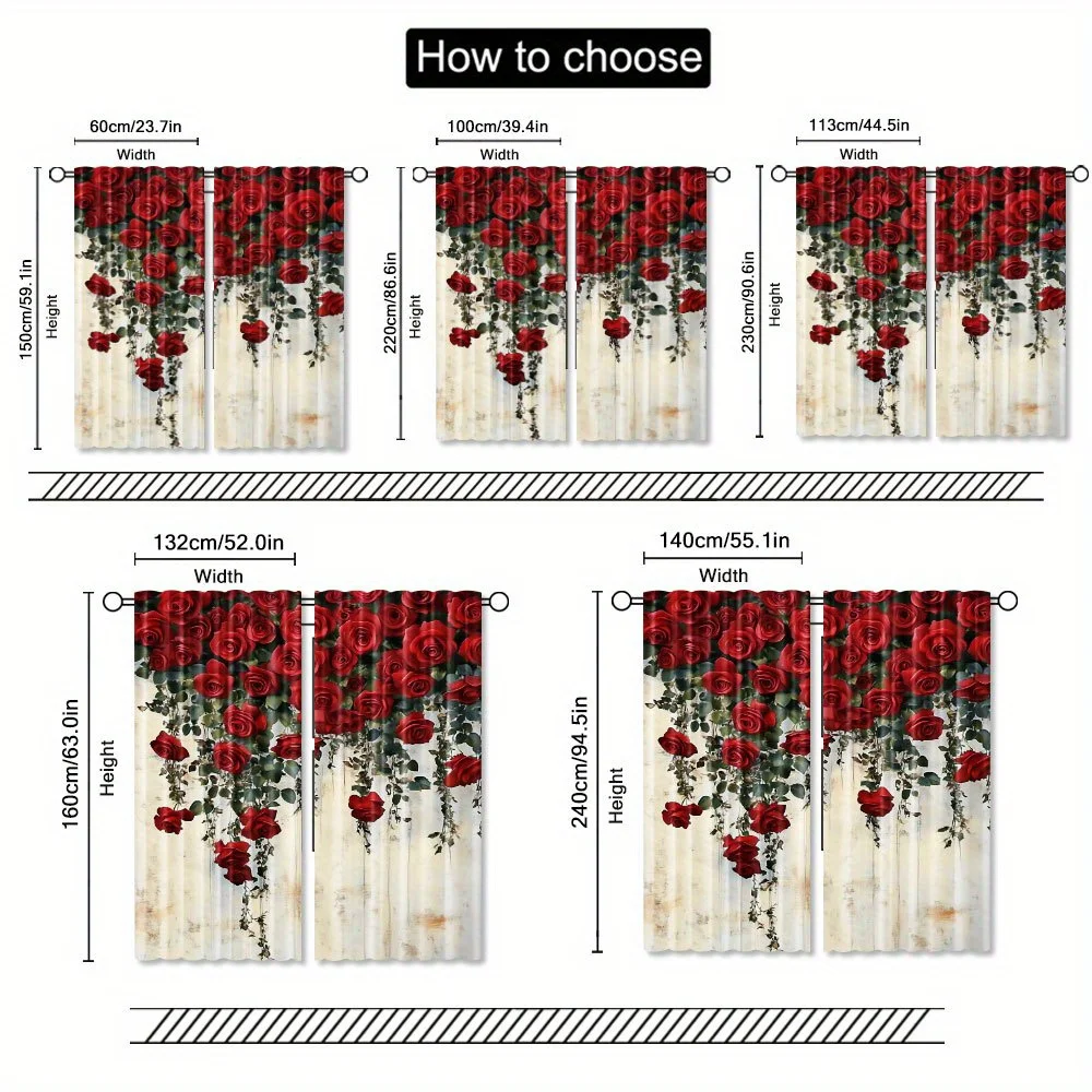 2pcs Red Rose Vine Curtains Peach Skin Polyester Romantic Living Room Bedroom Home Decor
