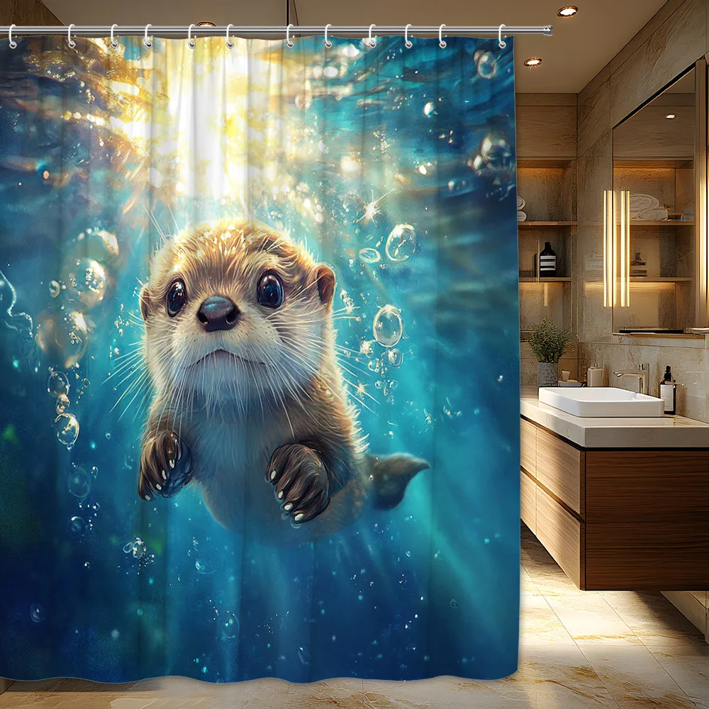 Waterproof Shower Curtain Cute Otter Underwater Animal Print Bathroom Decor Ocean Themed Curtain for Kids Bathroom Utility