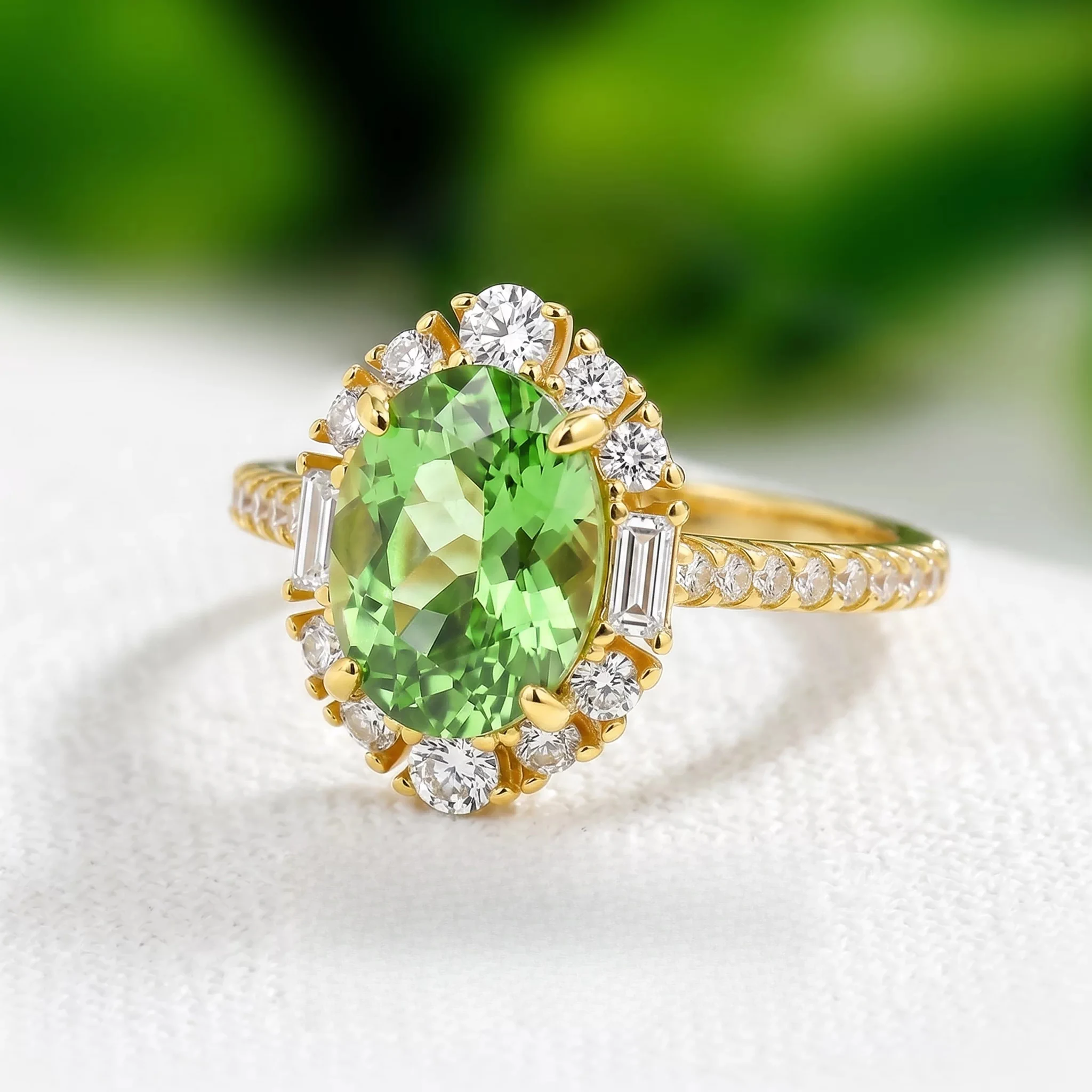 925 Sterling Silver Gold Plated Ring 7*9mm Oval Peridot Green Zircon Halo Baguette Accent Luxury Bridal Women Finger Jewelry