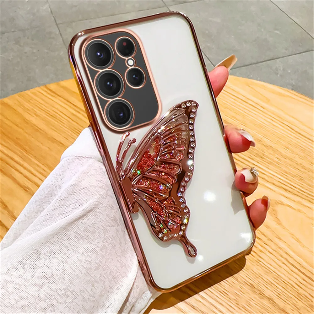 3D Cartoon Butterfly Quicksand Phone Case For Samsung Galaxy S24 Ultra S23 FE S22 S21 S20 S10 Plus Note 20 Plating Glitter Cover