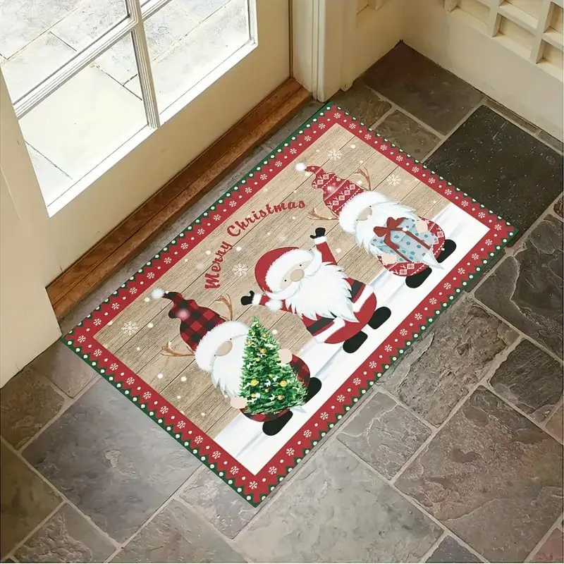 VIKAMA Christmas Gnome Welcome Mat Wooden Buffalo Plaid Door Rug Xmas Tomte Elf Entryway Floor Mat Non Slip Holiday Decor