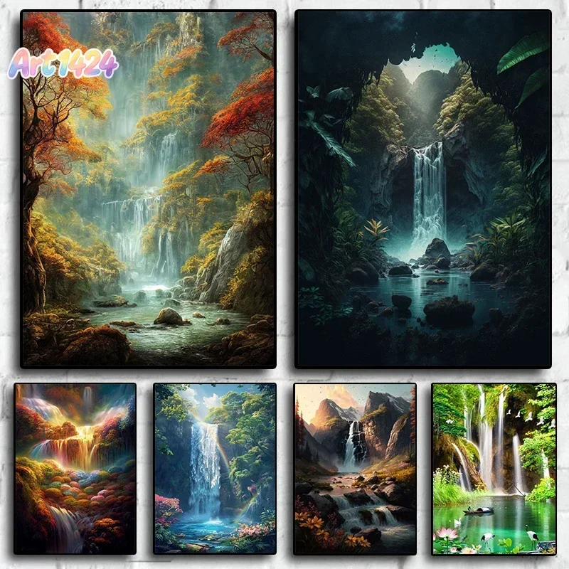 Natural Green Mountain Forest Lake Landscape Poster Waterfall Paradise Canvas Painting Wall Art Pictures Home Decor Gift Post