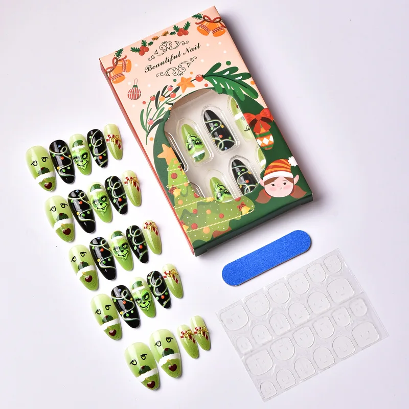24 Stück Weihnachts-Kunstnägel mit grünem Haar, Jingel Bell Bow, künstliche Nägel für Frauen mit Schneeflocken-Weihnachtsmann-Muster, Nagel zum Aufdrücken