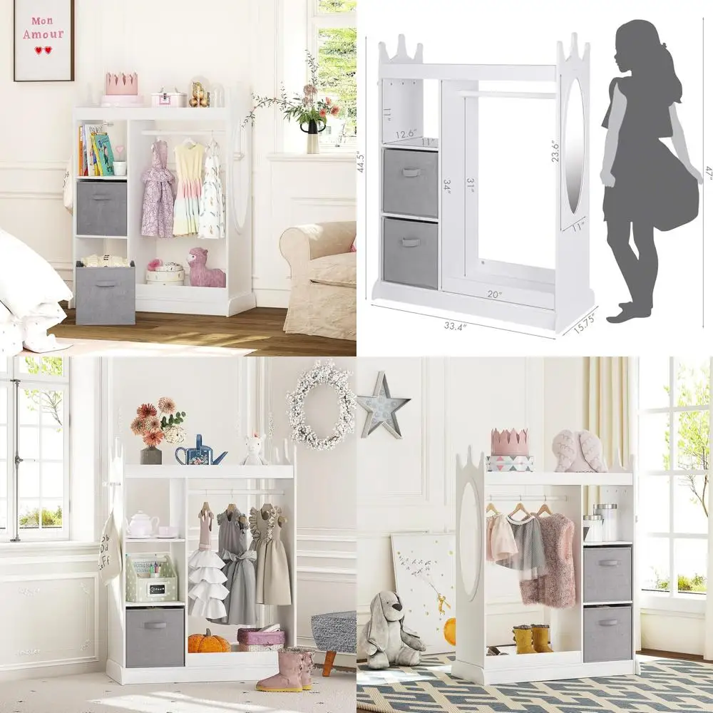 

Детский шкаф-гардероб для игровой комнаты с зеркалом, местом для хранения и отсеком для игрушек и костюмов (белый)