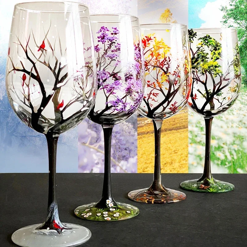 

Glass Four Seasons Tree Wine Glass Creative Printed Goblet Large Capacity Drinkware Beer Family Party Party Drinkware