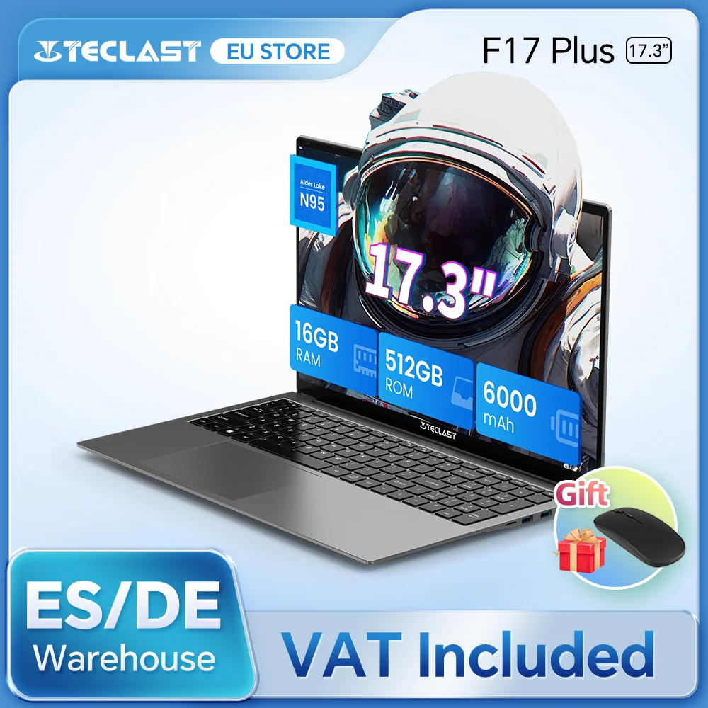 Image of Laptop Teclast F17Plus da 17,3 pollici, 16 GB RAM, 512 GB SSD, Intel N95, Windows 11 Pro, computer portatile con tastiera retroilluminata, apertura a 180°, mini-HDMI, 3x USB 3.2 cod004